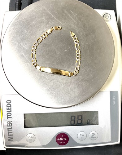 14K Solid Two Tone ID Figaro Link Chain Bracelet Esclava Eslabon de Oro 8” - Picture 3 of 3