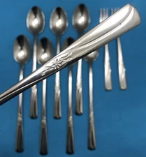 10 Pc Stainless  (8) ICED TEA SPOONS & (2)  COCKTAIL FORKS Imperial IM141 Flower