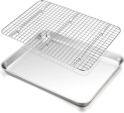 TeamFar Baking Sheet with Rack, 16 x 12 x 1 Inch Stainless 16''x12''x1'', Silver 