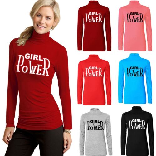 Womens Girl Power Print Long Sleeve Polo Neck Top - Picture 1 of 9