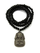 Egyptian Pharaoh King Tut Pendant 6mm 30" Wooden Bead Hip Hop Necklace RC1875