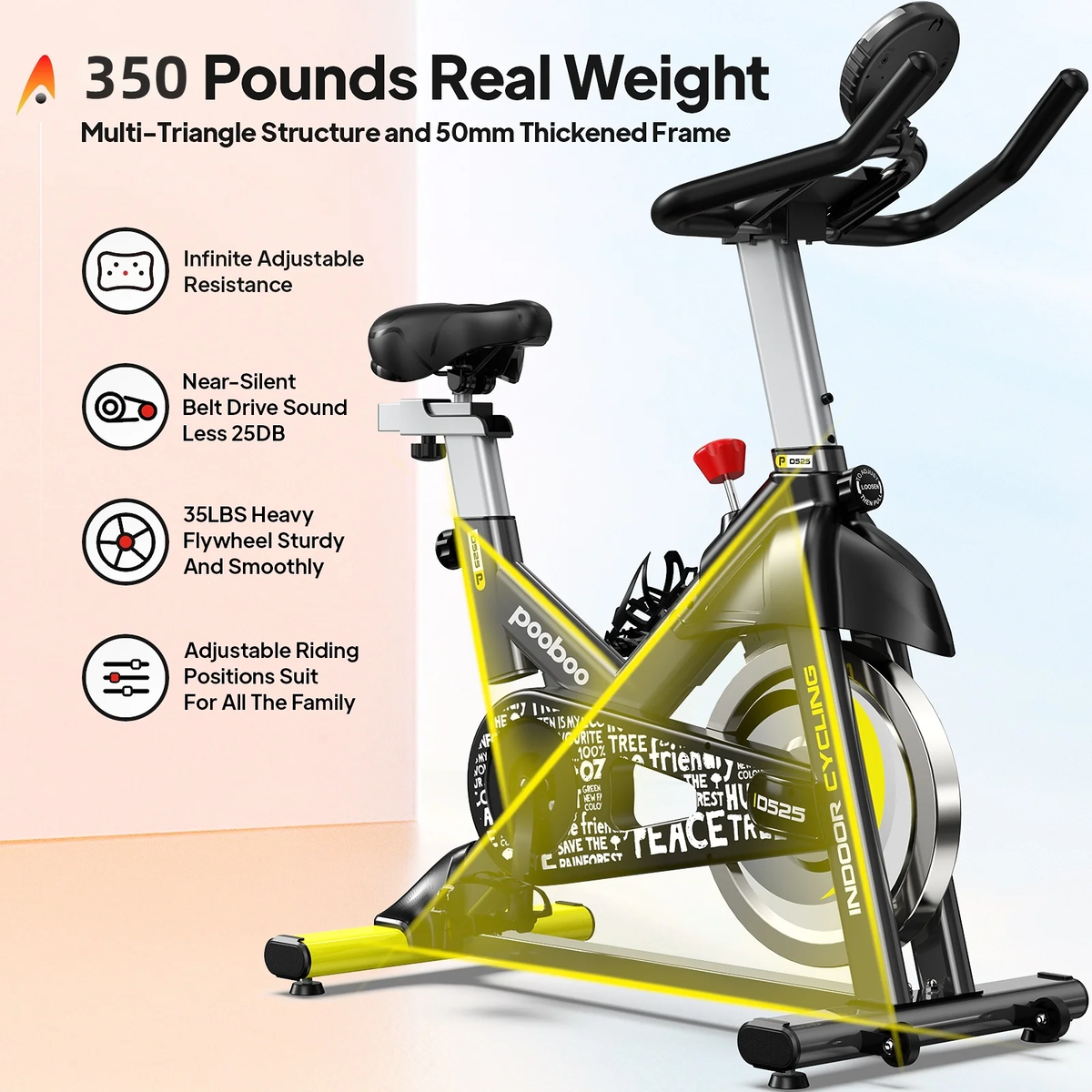 pooboo D525 Indoor Cycling Bike 35 lbs Flywheel 350 Lb Capacity