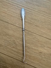 Antique Sterling Silver Handle Button Hook w/ Engraved Cartouche Design