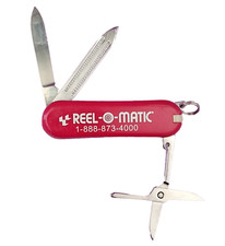 Reel O Matic Advertising Pocket Knife Red Folding Vintage Keychain Scissors File