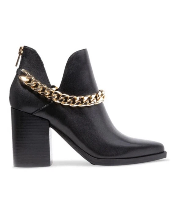 steve madden cedar booties size 5.5 black leather gold chain pointed toe stacked