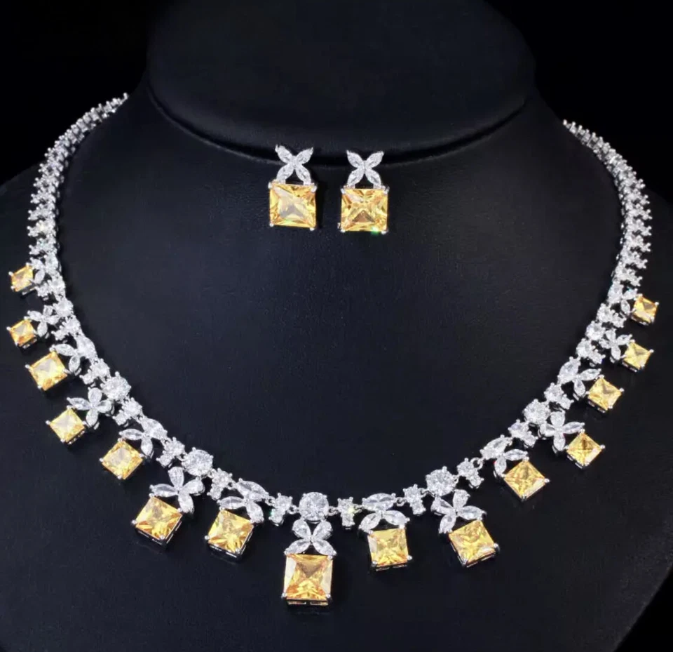 Conjunto de regalo de aretes collar de piedras preciosas de citrino amarillo enchapado en oro blanco de 18k para mujer Foto 3 de 4