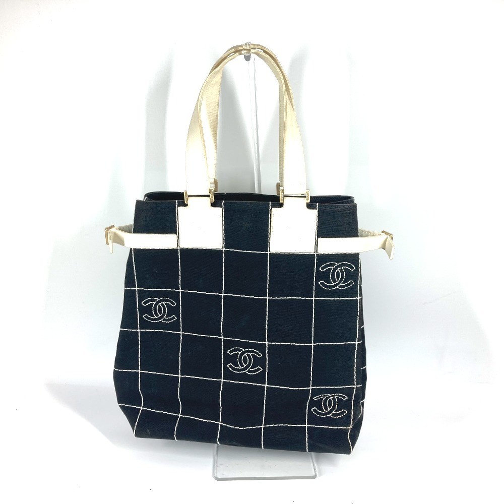 Chanel CC Coco Chocolate Bar Vertical Canvas Tote Shoulder Bag Black