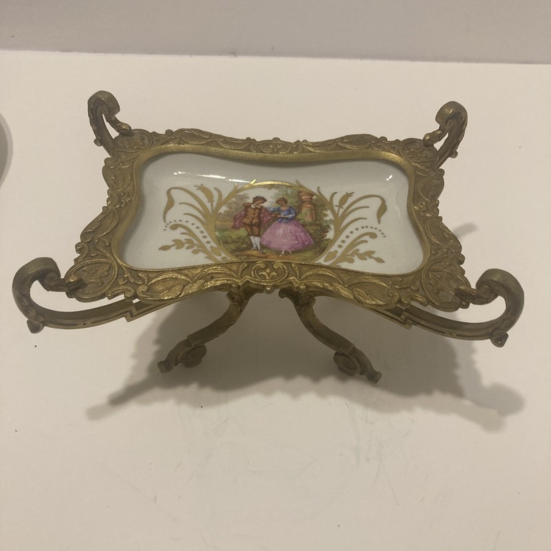 ANTIQUE SEVRES 18th C French Porcelain Plate Tray Bronze Footed Hand Painted