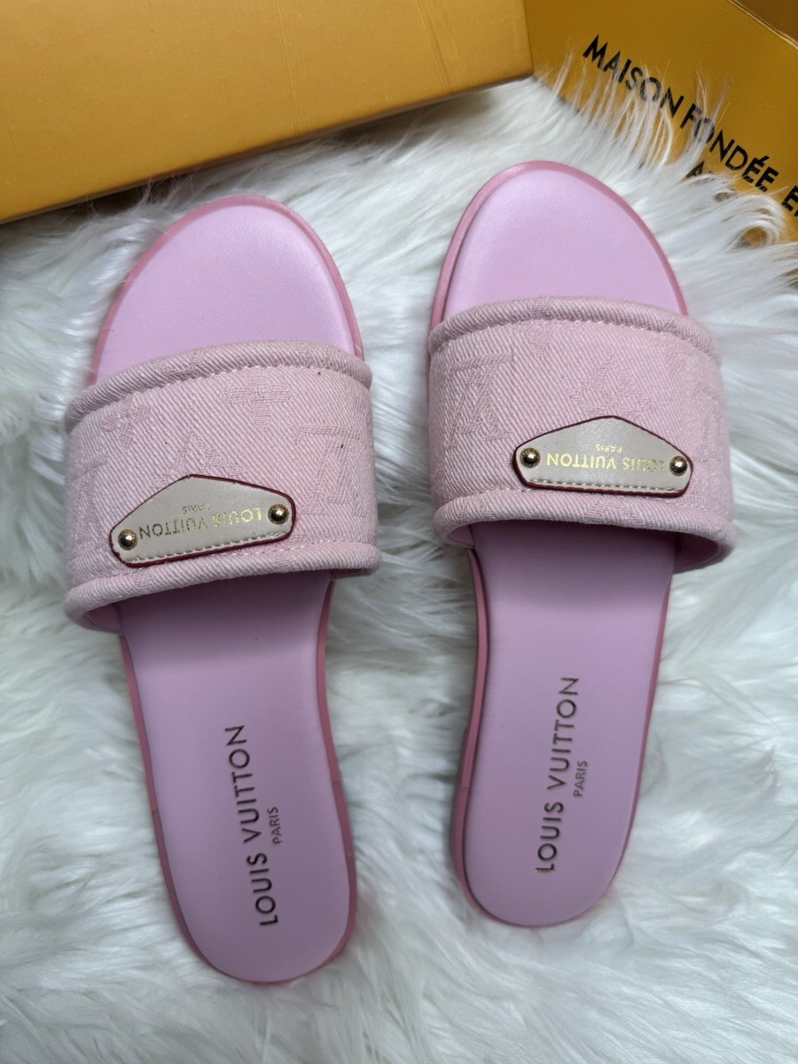 Louis Vuitton Slide Sandal Pink Logo Metal Plate Fabric Women