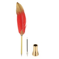 Feather Pen Quill, Feather Ballpoint Pen Bulk with Golden Pen Holder, Red