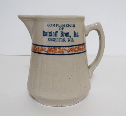 Red Wing Stoneware Spongeware Crock Pottery Pitcher Advertising Ratzlaff Bros WI