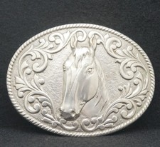 WE09146 FANTASTIC VINTAGE 1970s  HORSE HEAD  FLORAL ANIMAL ARTWORK BELT BUCKLE