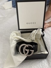 Gucci Silver Mens Belt With Interlocking G Buckle Black Signature Leather 90/36 
