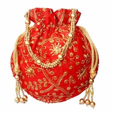Handmade Indian Silk Potli Bag Metal Beadwork Ethnic Clutch Batwa Pouch