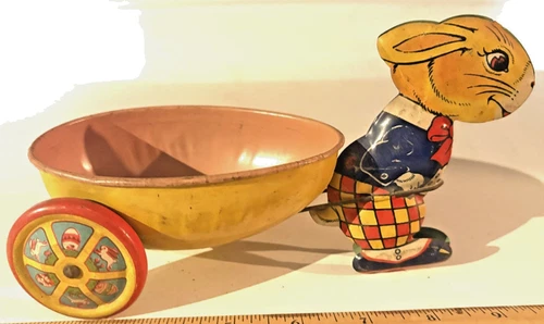 J Chein & Co Tin Litho Pull Toy Easter Rabbit Pulling Egg Cart 1940s Vtg Bunny