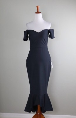 LULUS NWT Stretch Off The Shoulder Midi Mermaid Dress Midnight Blue Size Small