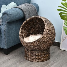 23.5" Hooded Rattan Wicker Elevated Cat House WMat Kitten Basket Bed