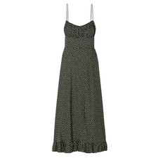NWT Doen Rosaria Silk Ruched Bust Ruffle Midi Maxi Dress Camille Dot Polka Black