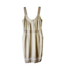 Banana Republic tan linen embroidered ribbon pleated preppy coastal dress 10P