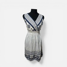 Blue White Geometric Wrap Boho Festival Smocked Waist Midi Dress