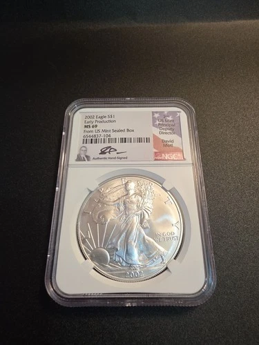 2002 SILVER EAGLE NGC MS69 EARLY PRODUCTION FROM US MINT SEALED BOX MOTL SIGNED