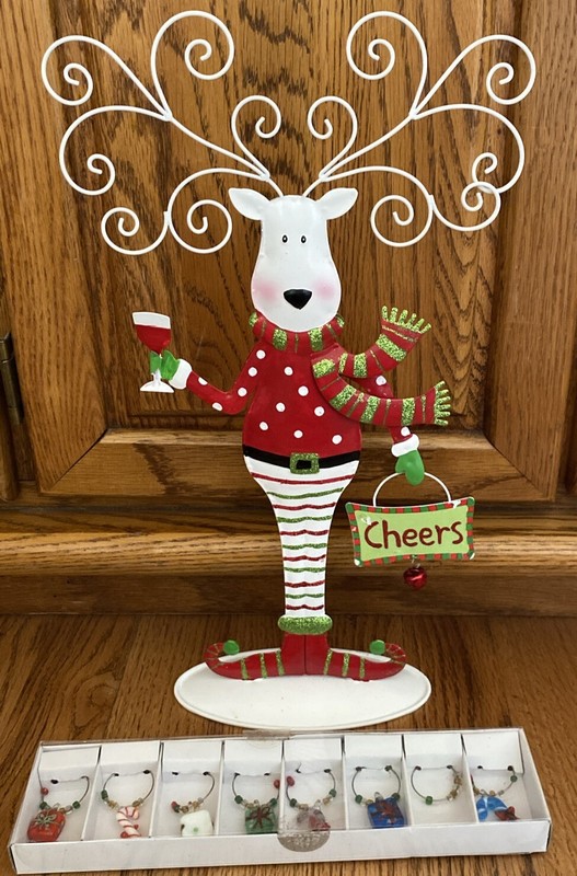 Metal Reindeer Wine Glass Charm Stand With 8 Holiday Charms