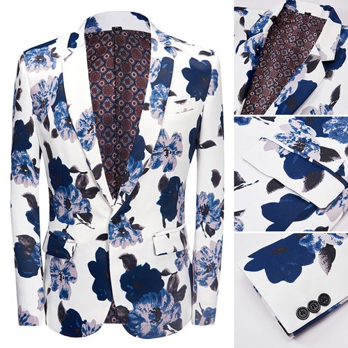 Men Flower Print Suit Jacket Blazer Dinner Dress Stage Coat Tops Casual - Picture 3 of 9