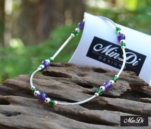Handmade Stretch Anklet with Sterling Silver, Glass Beads & Amethyst. - Photo 1 sur 4