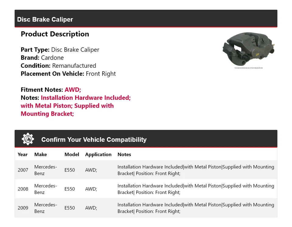 Pinza de freno de disco delantera derecha Cardone 2008 para Mercedes-Benz E550 AWD Foto 2 de 4