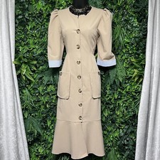 CARLO CARRIZOSA Dress 8 Tan Puff Sleeve Women Trench Style Khaki Maxi Dress 2779