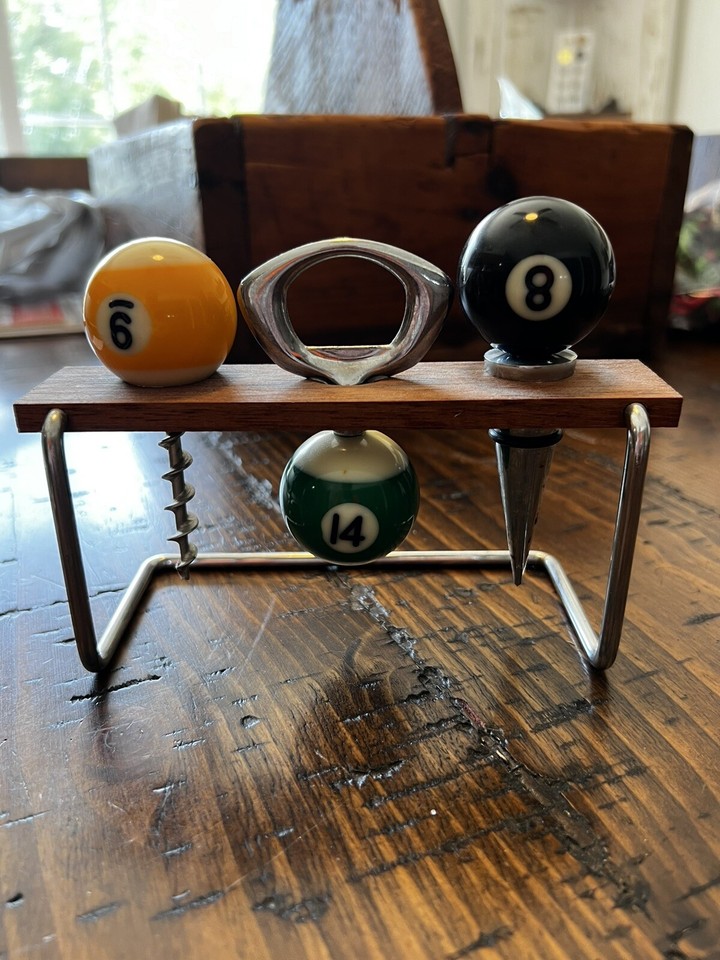 Vintage Pool Ball Billiards Bar Tool Set Wine Stopper Cork Screw Set 8