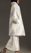 Maeve Anthropologie Faux Fur Coat Ice Blue White Striped Unisex New With Tag Xs