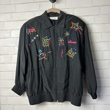 Vintage Cache Embroidered Black Bomber Jacket Silk Women Size Small Art to wear