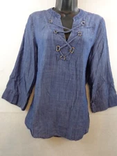 Ivanka Trump Blouse Women's L Blue Denim Tunic 3/4 Sleeve