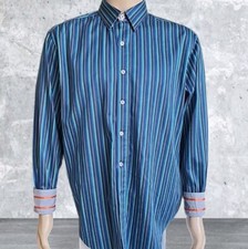 Robert Graham Shirt Mens XL Blue Green Striped Flip Cuff Button-Up Cotton Preppy
