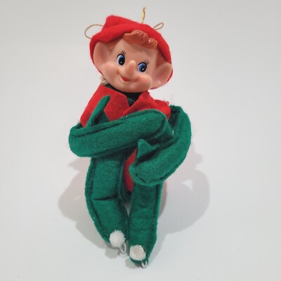 Vintage Christmas Knee Hugger Elf Pixies Shelf 60s 70s Green Red Pom Poms 