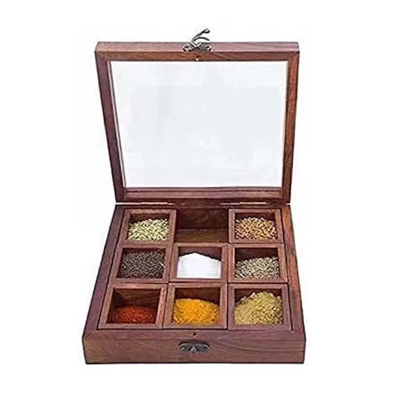 Wooden Spice Box with 9 Containers Jars & Spoon in Sheesham Wood - Spice Box(B)