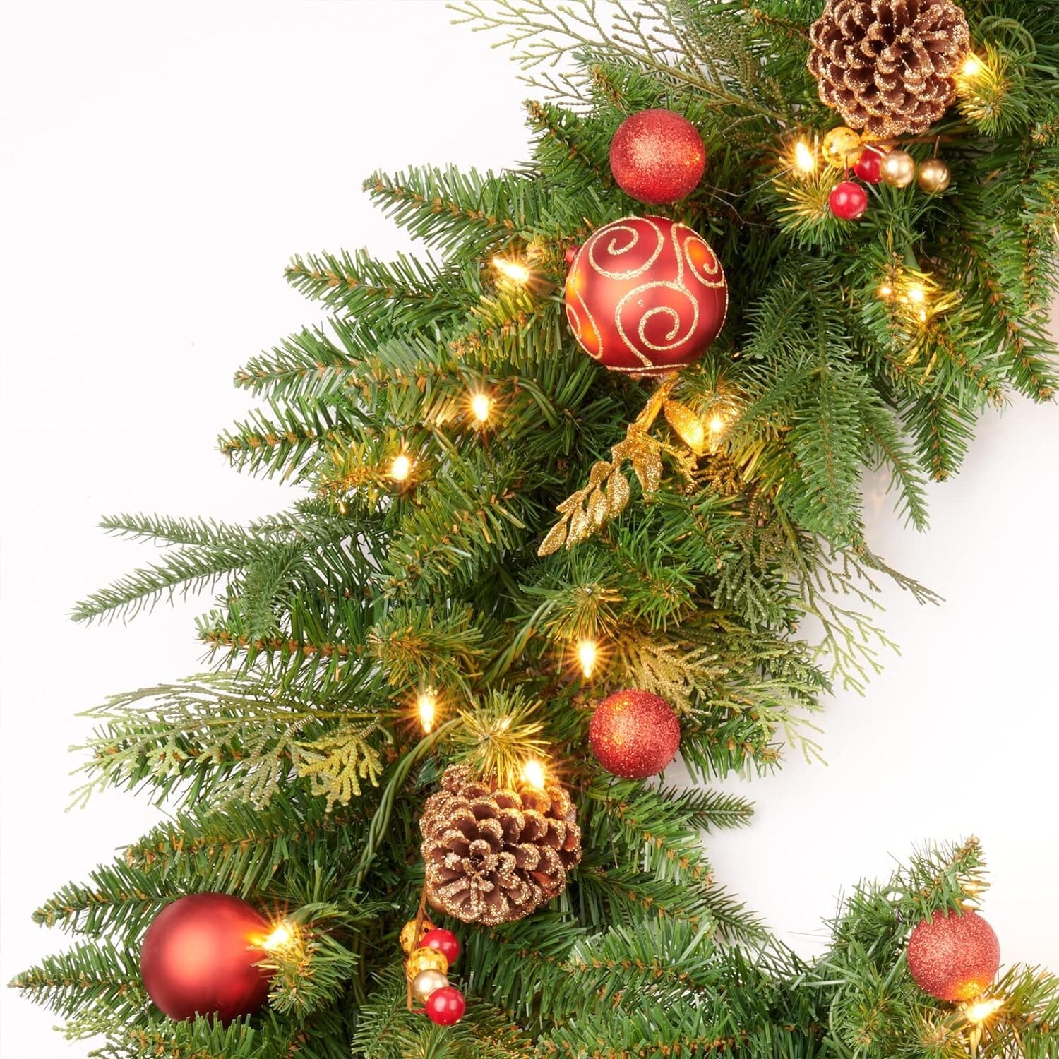 9FT Red Gold Christmas Garland Prelit with 70 Lights Plug in FREE