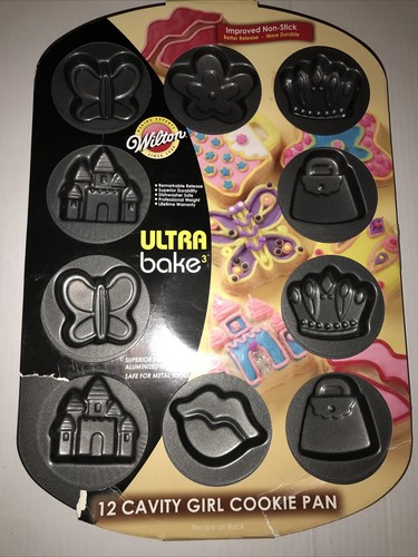 Wilton Ultra Bake 3 Padelle a Forma di Biscotto Ragazza Pensiona Cottura 12 Disegni NUOVO