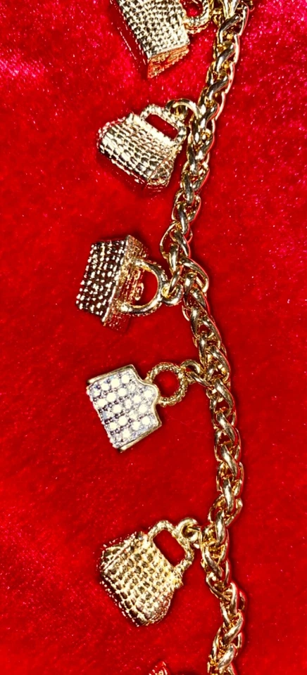 Judith Leiber gold tone mini purse charm bracelet vintage Clear Crystal Foto 3 de 4