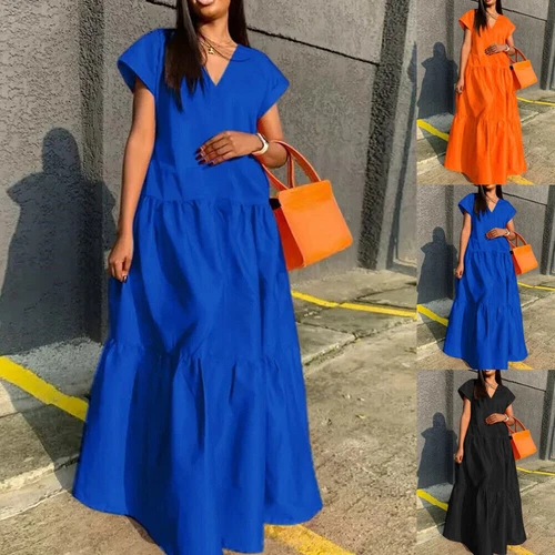 Plus Size V Neck Baggy Maxi Dress Women Short Sleeve Kaftan Casual Long Dress - Bild 1 von 27