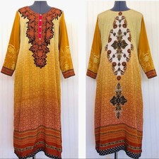 Vintage Dress Colorful Unique Printed Caftan Silky Paisley Asian Indian Kurta L