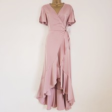 NEW DEBENHAMS 12-16 Cold Shoulder Satin Pink Ruffle Dip Hem Maxi Wrap Dress