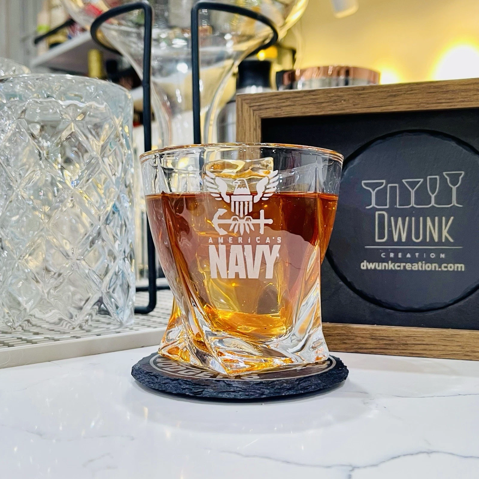Engraved US Navy Whiskey Glass – Twisted Rocks Glass
