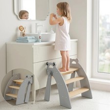 Wooden 3 Step Stool for Kids Bathroom Sink Foldable Anti-Slip, Child Stepping St