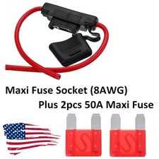 Wire 8 AWG Waterproof In-line Fuse Holder 2 Pcs Red 50Amp MAXI Blade Fuses Kit