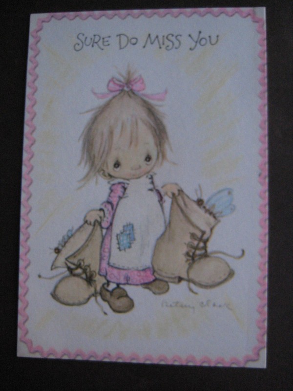 Unsigned 1970s vintage greeting card Betsey Clark MISS YOU Girl w/ Boots