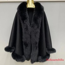 Women 100 Real Fox Fur Trim Shawl Cashmere Wool Ponchos Cape Cardigan Coat Warm