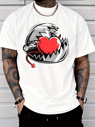 Street Style T-Shirt with Red Heart Devil Horns Tail Star Broken Circle Graphic