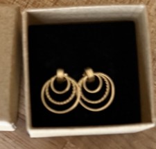 Modern Twist 14k Yellow Gold Triple Hoop Door Knocker Earrings, Lightweight 1.37